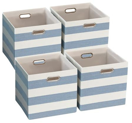 ORGMASTER Foldable Cube Storage Bin Organizing Baskets Cubby Boxes Fabric Storage Cubes Organizer Bins with Handles for Organization Shelf Closet, 13x13x13, Pack of 4, Blue/White Stripe