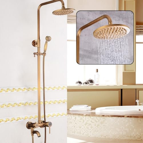Duscharmatur Regendusche Retro Gold Duschsystem Kupfer Duschkopf Duschsäule Duschset Antikes Messing Mischbatterie mit Handbrause für Familienbäder, Hotels, Fitnessstudios