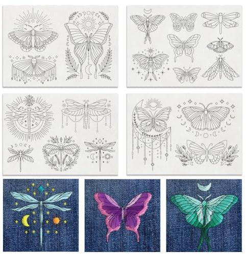 BENECREAT 4 Hoja 19 Piezas Bordado Soluble En Agua Mariposa Mística, Estabilizador de Papel de Bordado, Palo Y Puntada, 29.7x21cm, Soluble En Agua, Costura A Mano para Camisas, Abrigos, Pantalón