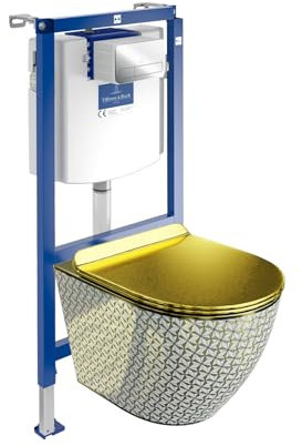 Lavita ViConnect H112 Vorwandelement Unterputz WC mit Bedienplatte + Wand Hänge Tiefspül WC Sofi Slim Golden Never Die Spülrandlos + WC Sitz Komplettset Unterputz Spülkasten Toilette Komplett Sett WC