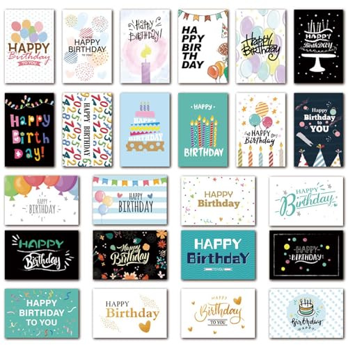 Mikihat Biglietti Auguri Compleanno con Busta, Biglietto Auguri Pieghevole, 24 Pezzi Biglietti con Buste e Adesivi Colorate, Biglietti di Auguri di Compleanno per Bambini e Adulti