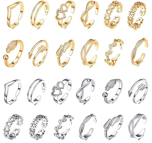 24Pcs Adjustable Toe Rings Set for Women - Gold Silver Plated Open Knuckle Rings - Arrow Knot Star Moon Foot Ring Set for Beach and Various Parties