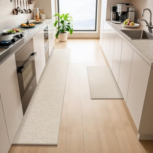 LEKEEPGO 2 Stück Küchenteppich, Teppich Läufer Küche, Küchenläufer, Beige | 43.5x75cm+43.5x200cm, Rutschfest, Schmutzabweisend, Absorbierend, Auslaufsicher, Waschbar, Leicht zu Reinigen,für Küchen,Flur