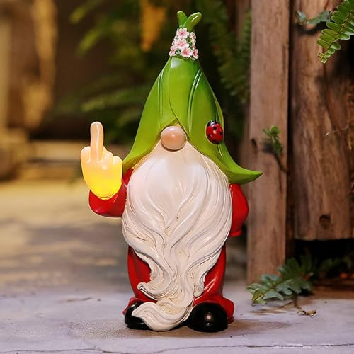 lustig Gnom Gartenfigur,Solar Gartenzwerg Statuen,Solar Gartenzwerg Kunstharz,Gartenzwerg Dekor,Solar Zwerge Dekorationen halten magische Kugel,Gartenzwerg mit Solar LED Leuchten (Mittelfinger)