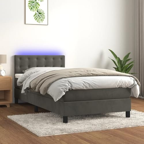 IKAYAA Boxspringbett mit Matratze LED Bett 90x200 mit matratze und lattenrost Boxspringbett 90x200 mit matratze Bett komplett mit Kopfteil Samt-Dunkelgrau-90 x 200 cm-2