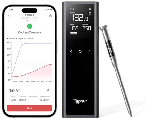 Typhur Sync One Gen 2 Smart Wireless Meat Thermometer: Standalone Base with LCD Display, Unlimited WiFi & Bluetooth Range, ±0.5℉ Accuracy, Enhanced Signal Stability for BBQ, Grill, Oven