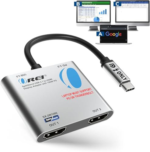 OREI SplitExtend HDMI Splitter Extended Display for Windows Only Dual Monitor - Multi-Monitor Display 3 Separate Screens - USB-C Adapter to HDMI 2.0, 4K@30Hz Outputs - 100W PD and USB 2.0 Input
