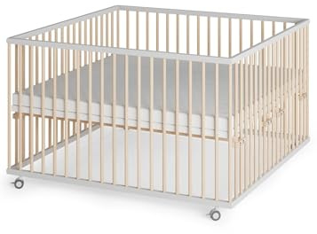 Sämann Laufstall Baby XXL 120x120 cm mit Matratze SleepPlus und 3 Schlupfsprossen | TÜV geprüft | stufenlos höhenverstellbar | Laufgitter Premium | Babybett aus Holz | Krabbelgitter weiß/natur