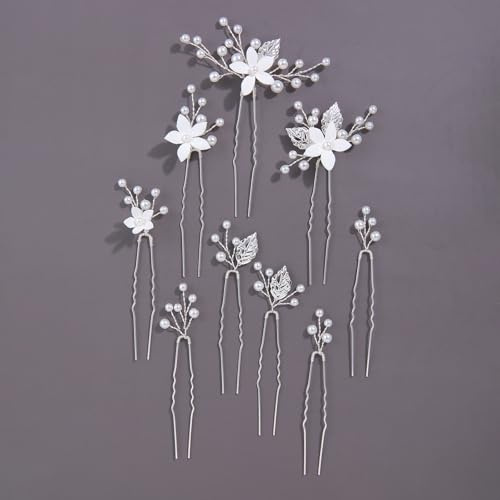 Handmade Pearl Bridal Wedding Hair Pins 9Pcs White Flower Pearls Clips Bridal Hair Accessories for Women Brides and Bridesmaid (Set-A-Silver)