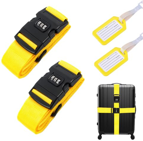 2 StüCk Kofferband Mit Schloss, Kofferband AuffäLlig, StrapazierfäHiges Gurtband Mit Hoher Dichte, GepäCkband Ideal üBer Kreuz, Inkl. 2 Namensschildern，Gelb(Farbe)