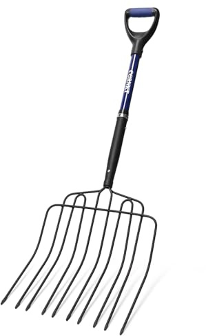 CGRNKT 10-Tine Pitch Fork for Gardening, Heavy Duty Manure & Mulch Fork with Fiberglass Handle, Wide Bedding Hay Fork for Compost, Farm, 45 Inch