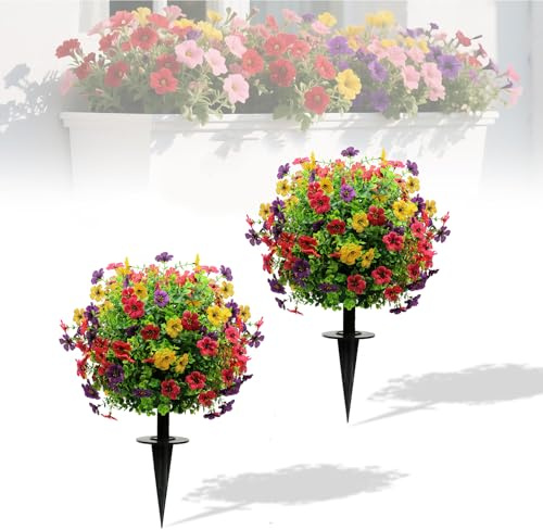 PlusFive 2pcs Artificial Violet Topiary Balls Trees with Ground Spikes, 60cm Artificial Boxwood Topiary Trees, UV Resistant Artificial Plants Outdoor Faux Greenery Shrubs for Home Garden Yard Patio