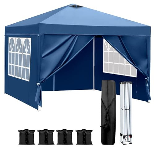 TactFire Pavillon 3x3m Pop-Up Faltpavillon,Wasserdicht Winterfest,Höhenverstellbar,Belüftungssystem,Stahlgestell UV-Schutz 50+,mit 4 Seitenwänden & 4 Sandsäcken,Für Garten,Camping,Party (Blau)