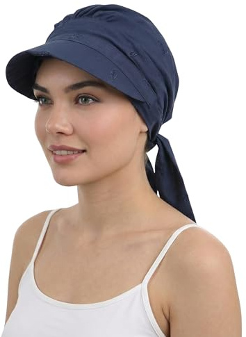 Deresina Gorro Oncológico Mujer Verano – Turbante Oncológico Algodón Pre-Anudado, Pañuelo Oncológico Alopecia, Visera Protección Solar (Azul Marino Estampado)