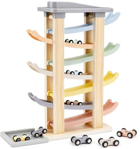 Joyreal Wooden Car Ramp Toy - Montessori Toys for 1 2 3 Years Old, Ramp Racer Toy Vehicle Set with 8 Mini Cars & Race Tracks & Car Garage, Toddler Travel Toys Gifts for Boys Girls