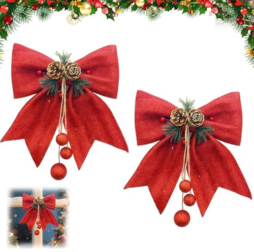 Weciau Weihnachtsschleifen, 2 Stück Große Weihnachtsbaumschleife, Rote Glitzer Schleifen für Weihnachtsbaum, Red Glitzer Christmas Bows, Weihnachtsdekoration Schleifen für Zuhause Weihnachtsfeier