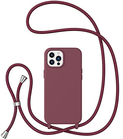 ZTOFERA Crossbody Lanyard Case for iPhone 14 Pro 6.1-Inch, Liquid Silicone Case with Phone Strap Adjustable Neck Cord Soft Cover for Girls Women, Wine Red