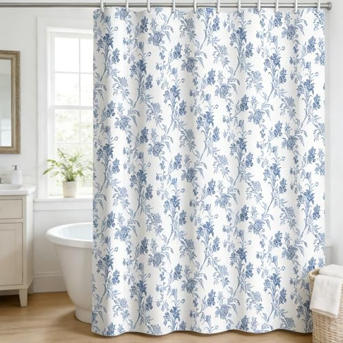 WELTRXE Blau Duschvorhang 180x200cm, Anti-Schimmel Dusch Vorhang, Duschvorhänge aus Polyester mit Vintage-Blumenmuster in Blau, Wasserdicht, Waschbar, für Dusche und Badewanne