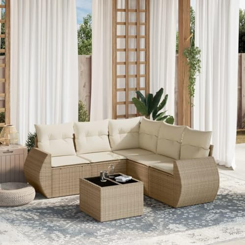 QJBSAVVA 6-TLG. Garten-Sofagarnitur Beige 55 x 53 x 34 cm Poly-Rattan Balkonmöbel-Set mit Glas-Tisch, Modularer Lounge für Garten Terrasse oder kleinen Balkon