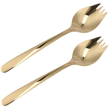 ROMISBABA 2 piezas Cubiertos de Acero Inoxidable para Servir Ensalada y Pasta de Cucharas y Tenedores Multiusos para Postres y Ramen Aptos para Lavavajillas Mango para Platos Profundos