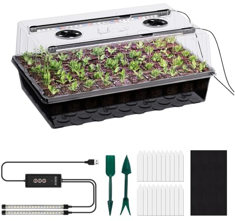 60-Cell Self-Watering Seedling Tray with Grow Light, Indoor Gardening Kit with 4-Inch Humidity Dome, Plant Propagator for Seed Germination, Complete Starter Set for Herbs, Flowers, and Vegetables