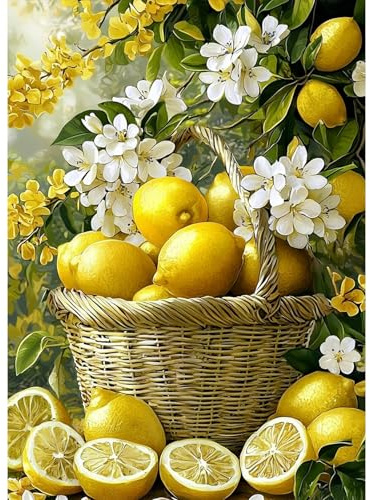 MAXBYE Diamond Painting Adults Kits, DIY Lemons Diamond Art Kits Round Full Drill for Beginner, White Flowers Gem Art Craft Crystal Cross Stitch for Home Wall Decor Gifts 30x40cm