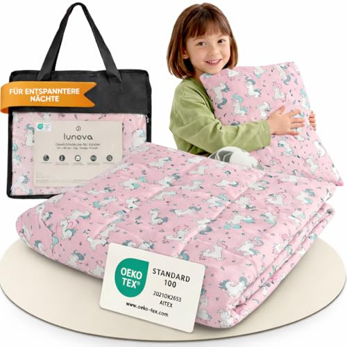 LUNOVA Gewichtsdecke Kinder 2kg Einhorn (90x120cm) | schwere Schlafdecke | Oeko-Tex Baumwolle, waschbar | Therapiedecke, ideal 15-25 kg Körpergewicht | beruhigend | Weighted Blanket Kids