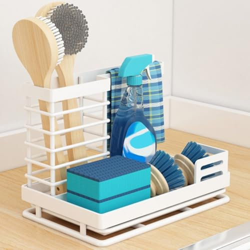 Supporto per strofinacci in acciaio inox antiruggine con vassoio di scarico per cucina e bagno; scaffale multifunzionale per spugne, spazzole e panni (bianco)