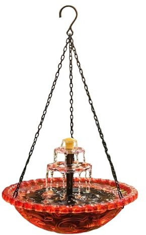Solar Vogelbad mit Springbrunnen Hängende Vogeltränke Garten Hof Terrasse Solarbetrieben ohne Strom Auch als Kolibri-Futterspender Wasserstation nutzbar (Rot)