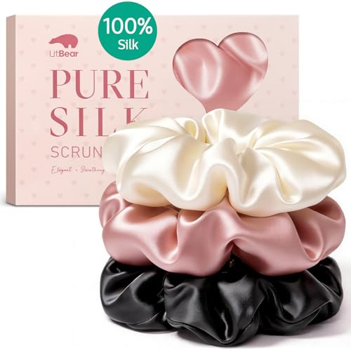 Litbear Lote de 3 Scrunchies de Seda, 100% Seda de Morera, Grandes Gomas para el Cabello XL Antiencrespamiento y Antirotura, Sujeción Suave para Peinados