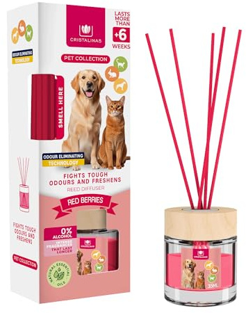CRISTALINAS Pet Odour Remover Reed Diffuser - Red Berries Scent Air Freshener - 35ml Home Air Fresheners - Long Lasting Continuous Home Fragrance Up To 6 weeks - Reed Diffusers with Essential Oils