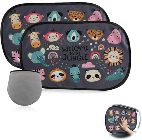 Parasol Coche Bebé (Pack de 2) 51x31cm con Protección UV, Parasoles para Ventanas Traseras y Laterales, Protector Solar Infantil Diseño Animales de la Selva para Niños y Mascotas