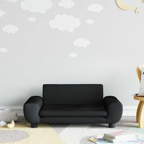 Kaloriko Sofá infantil negro 70 x 45 x 33 cm terciopelo con marco de madera de pino maciza, muebles para bebés estables para habitación de los niños, acogedor sofá mini para jugar, dormir y descansar