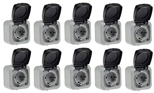 ChiliTec Aufputz Steckdose Feuchtraum 10Stück IP44 mit Klappdeckel 250V 16A FederAutomatik Schutzkontakt-Steckdose für Innen Aussen Grau