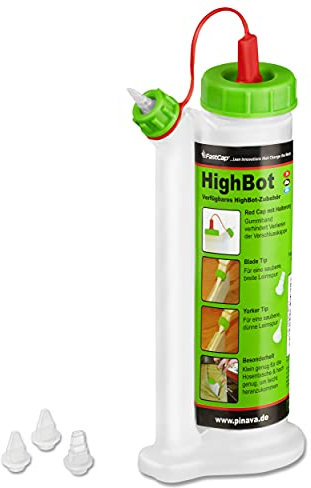 Pinava® Leimflasche - Original HighBot (ca. 180ml) - Kein Drehen, kein Schütteln & kein Warten - Leimspender für Holzleim Inkl. 4 Spitzen - Sauberes Auftragen & Dosieren - FastCap Pinava Edition