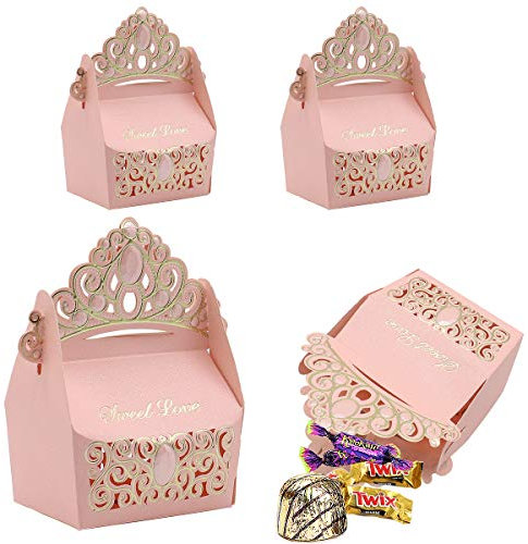 25 Stücke Hohl Candy Favor Geschenkbox,Papier Crown Boxen, für Hochzeit Taufe Baby Shower Party Favors Dekoration-Rosa