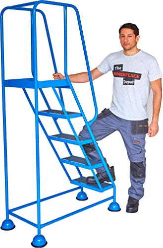 The Workplace Depot Mobile Platform Steps – Heavy-Duty Steel Safety Steps with Handrails & Anti-Skid Treads – 5 Step Ladder for Warehouses, Offices & Garages (5 Tread)