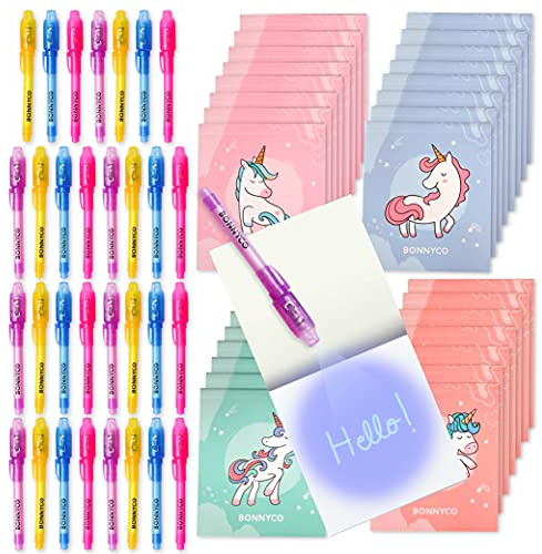 BONNYCO UV Stift und Notizbuch, 32 Stück Einhorn Mitgebsel Kindergeburtstag Mädchen und Junge. Kindergeburtstag Gastgeschenke, Kleine Geschenke für Kinder. Adventskalender Inhalt, Einhorn Deko