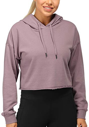 icyzone Workout Sweatshirts for Women - Long Sleeve Crop Top Hoodie Exercise Pullover (L, Lilac)