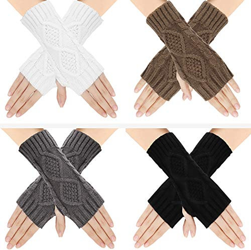 TAGVO 4 Paar Gestrickte Fingerlose Handschuhe,Winterwarme Damen-DaumenlochFäustlinge,Klassische Strick Halb Handschuhe Armstulpen