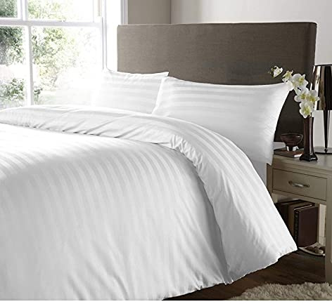 RAYYAN LINEN Satin Stripes Duvet Cover Set Satin 100% Egyptian Cotton 400 Thread Count Luxury Hotel Quality with Pillowcases (White, Super King)