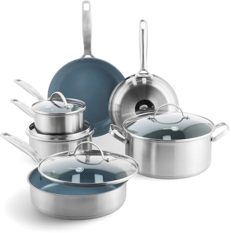GreenPan Treviso Edelstahl Gesunde Antihaftbeschichtung aus Keramik 10-teiliges Kochgeschirr-Set, inkl. Bratpfannen, Sautierpfanne, PFAS-frei, Induktion, backofenfest, spülmaschinenfest, Silber