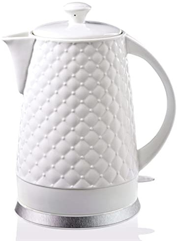 KVOTA Elektrischer Wasserkocher aus hochwertiger Keramik mit 1,8 Liter Fassungsvolumen, modernes Gesteppt-Design, abnehmbarer Deckel, Farbe: weiß, Teekessel,Teekocher, Teakettle Porzellan Ceramik