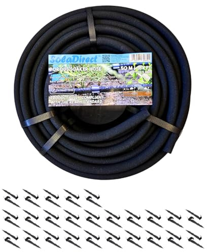 SolaDirect Soaker Hose, Porous Pipe, 50 m / 164 ft Long, Reach Compliant, Water Saving up to 70%, Perfect for Lawns, Flowerbeds, Vegetable Gardens and Greenhouses + 50 Ground Pegs