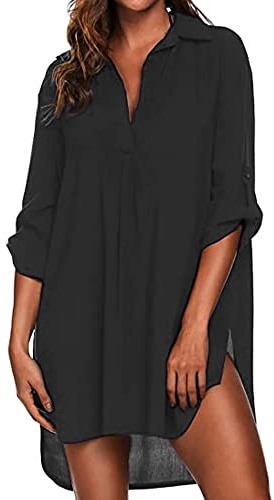Vestido Verano de Playa Mujer Traje de Baño Pareos Playa Cuello en V Mangas Cortas Camisa Suelto Bikini Cover up Color Sólido Camisolas y Pareos Blusa Tops