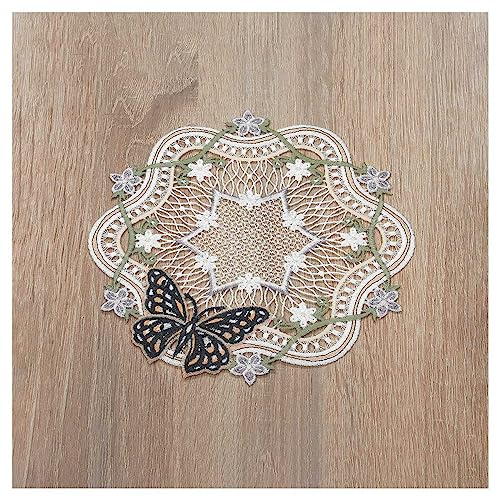 DSD Design-Studio Drechsler Deckchen Fiona Echte Plauener Spitze sommerliche Tischdecke mit kleinen Blüten und Schmetterlingen Pastell 21 cm Durchmesser rund