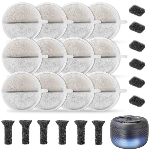 Filter Katzenbrunnen, 12 Stück Ersatzfilter und 12 Stück Schwämme filter Ersatz, Ionenaustauschharz und Aktivkohle Katzen Haustier Trinkbrunnen Filter für 2.5L Katzenbrunnen
