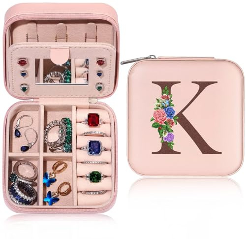TINGN Initiale Schmuckkästchen Kleine Schmuckkästchen mit Namen Initiale K und Blume Schmuckkastchen Travel Organizer Box mit Spiegel für Damen Mädchen Geschenk für Geburtstage, Muttertag