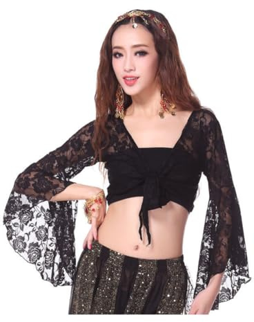 Top da Donna per Danza del Ventre, Avvolgente con Maniche Svasate a 3/4, Corto con Scialle Floreale Fasciato e Nodo per Abbigliamento da Ballo