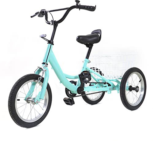 Begoniape Kinderdreirad ab 3-7 Jahren, 14 Zoll Lauffahrrad Kinder Dreirad Fahrrad, Jungen Mädchen Lauflernhilfe mit Korb Klemmbremse Verstellbarer Lenker&Sattel Hellgrün Kinderwagen-Kissen Handgriff
